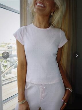 Coco McCall Shop Light Pink Ribbed Short Sleeve Knit Top - Women's